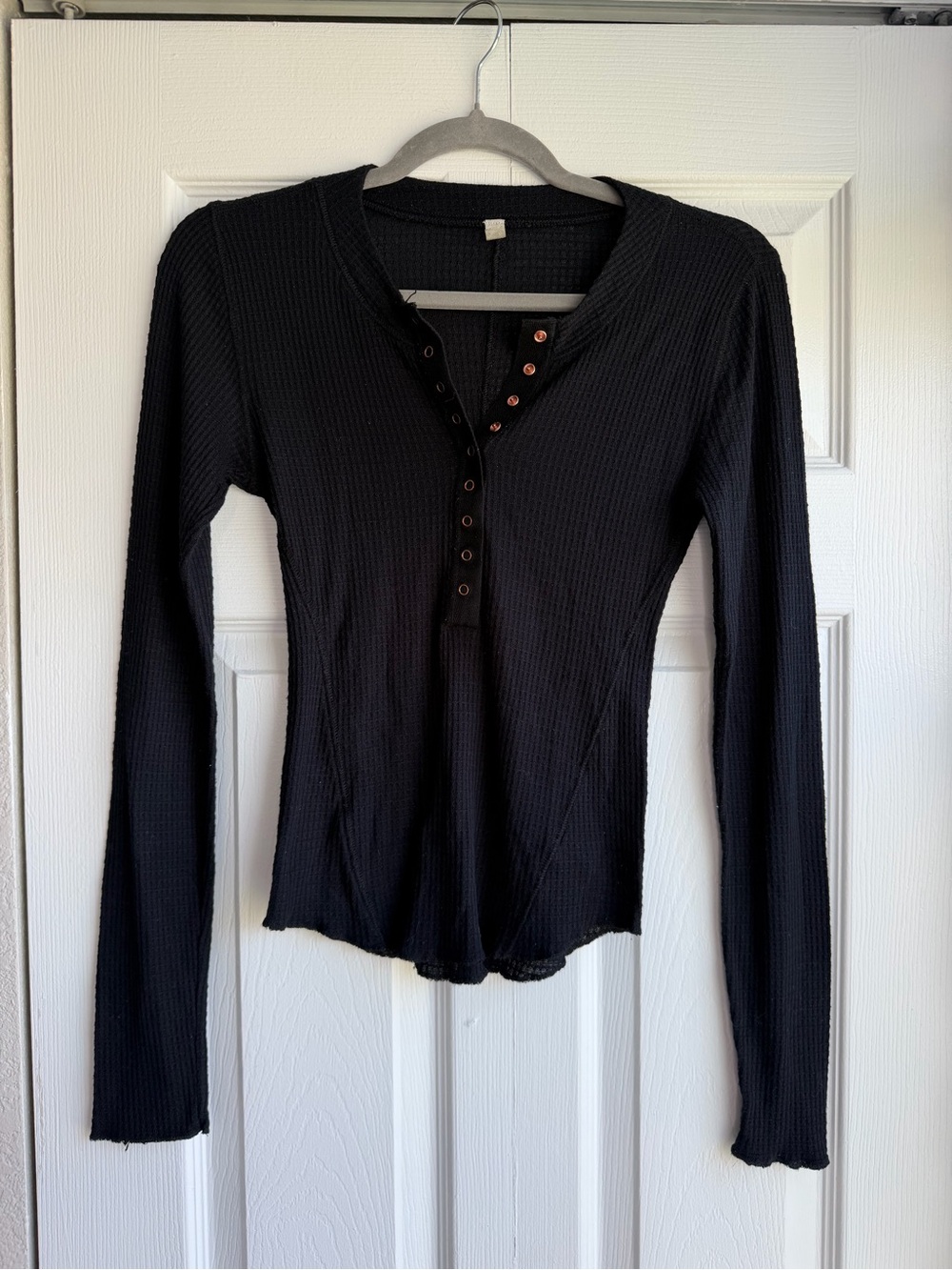 FP Intimately Black Long-Sleeve Waffle Henley Top Size Medium